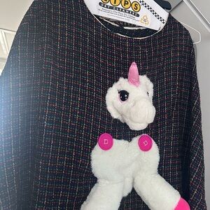 Colorful Plaid Sweater with Unicorn Design